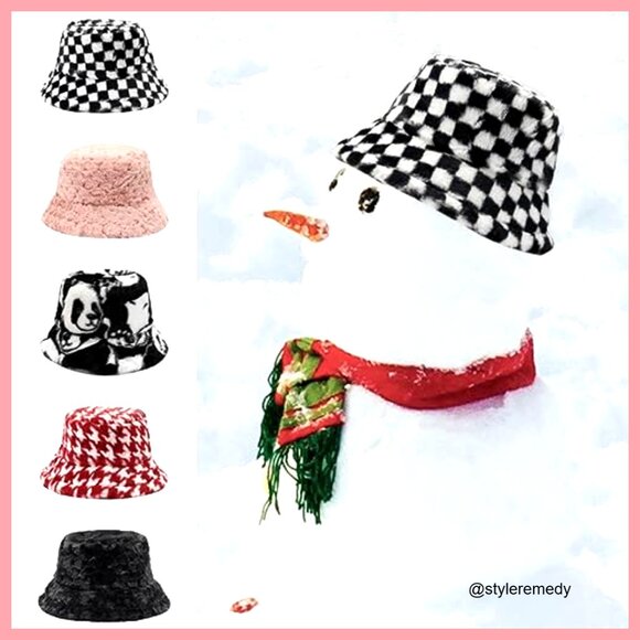 Faux Fur Bucket Hat Winter Warm Fluffy Plush Adjustable